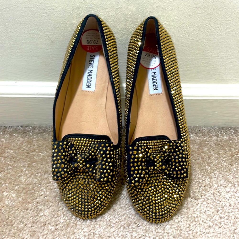 NWT Steve Madden Gold Rhinestones Black Flats Loafers Size 6.5
